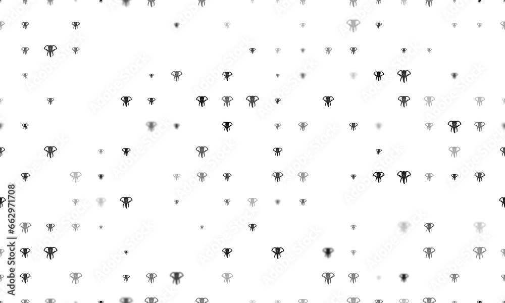 Seamless background pattern of evenly spaced black elephant heads of different sizes and opacity. Illustration on transparent background
