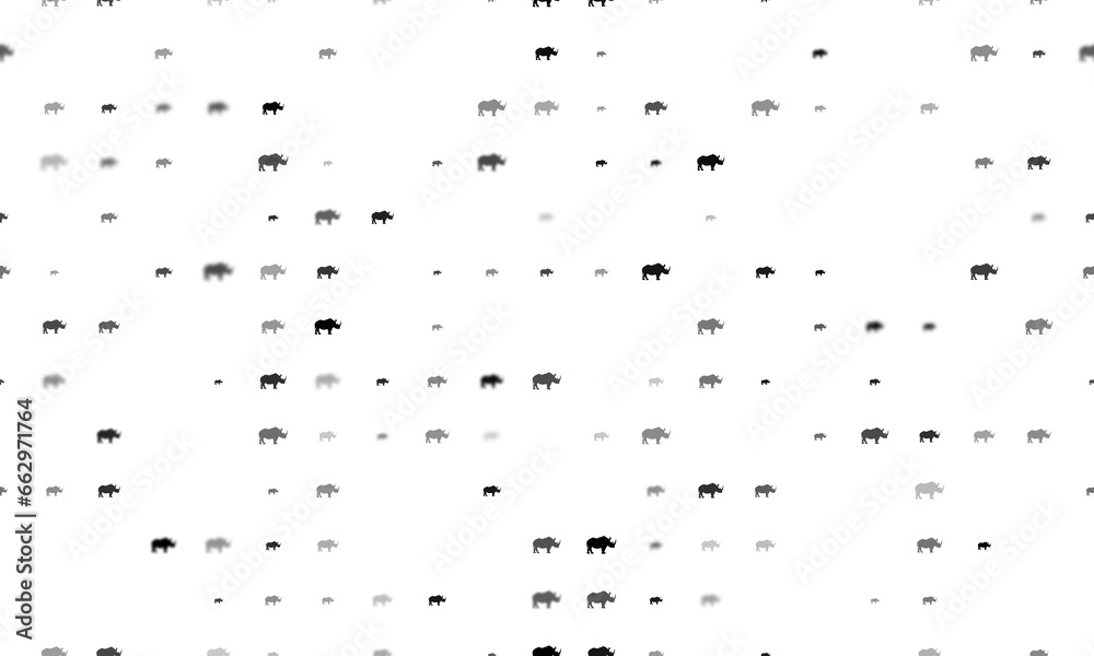 Seamless background pattern of evenly spaced black rhino symbols of different sizes and opacity. Illustration on transparent background