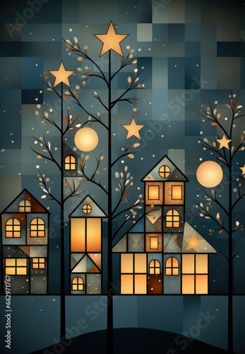 Christmas night scene with houses and trees, AI