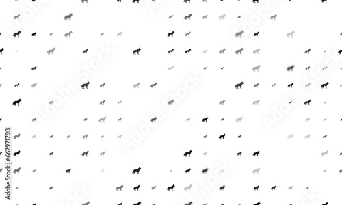 Seamless background pattern of evenly spaced black wolf symbols of different sizes and opacity. Illustration on transparent background