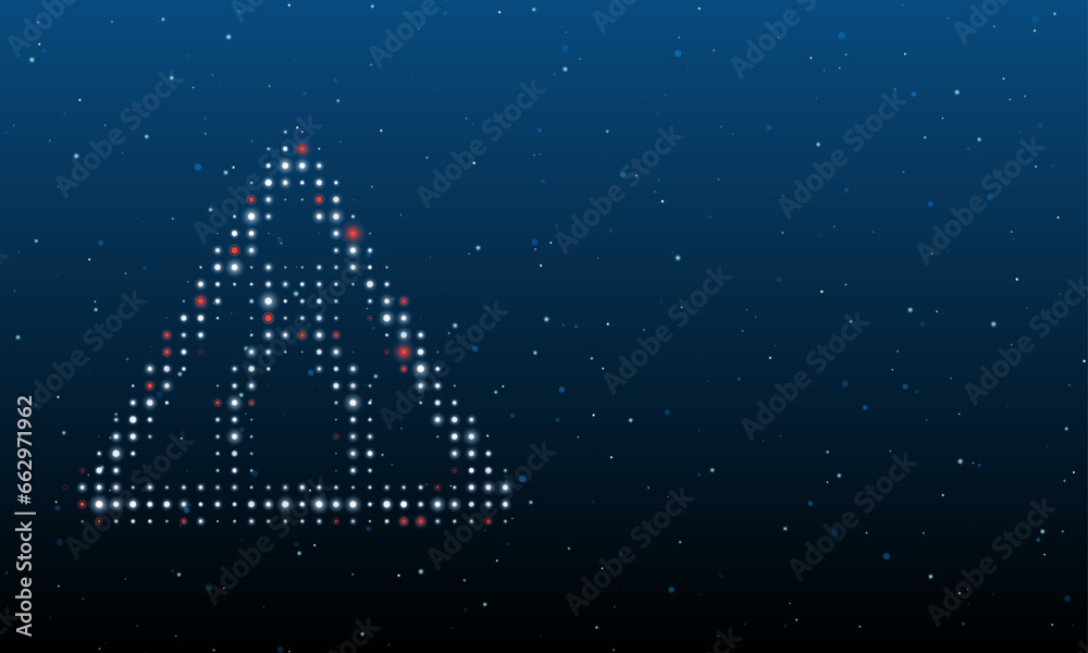 On the left is the road narrowing symbol filled with white dots. Background pattern from dots and circles of different shades. Vector illustration on blue background with stars On the left is the road narrowing symbol filled with white dots. Background pattern from dots and circles of different shades. Vector illustration on blue background with stars