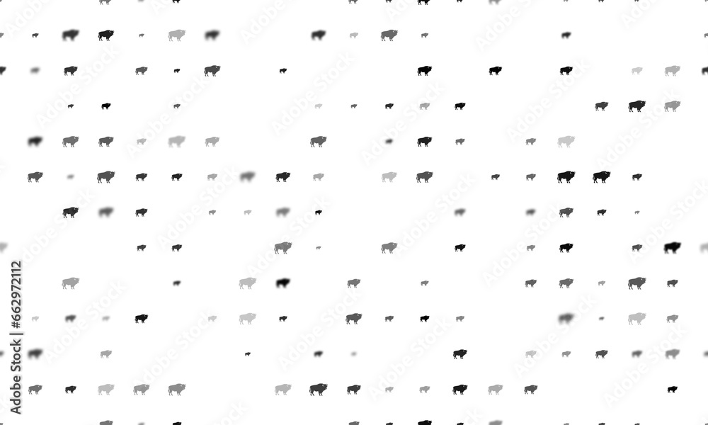 Seamless background pattern of evenly spaced black buffalo symbols of different sizes and opacity. Illustration on transparent background
