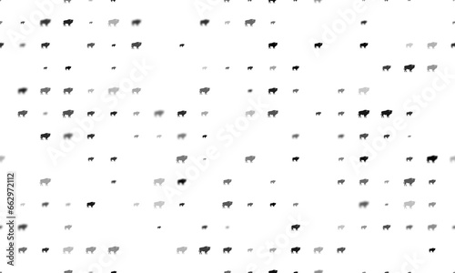 Seamless background pattern of evenly spaced black buffalo symbols of different sizes and opacity. Illustration on transparent background