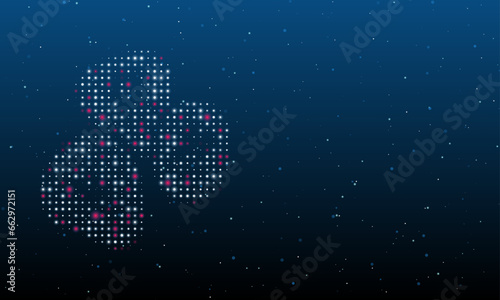On the left is the divination stones symbol filled with white dots. Background pattern from dots and circles of different shades. Vector illustration on blue background with stars