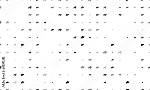 Seamless background pattern of evenly spaced black buffalo symbols of different sizes and opacity. Vector illustration on white background