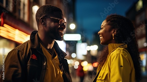 African American man and girl in the evening talking and waiting for friends laughing in the street. Close-up portrait.