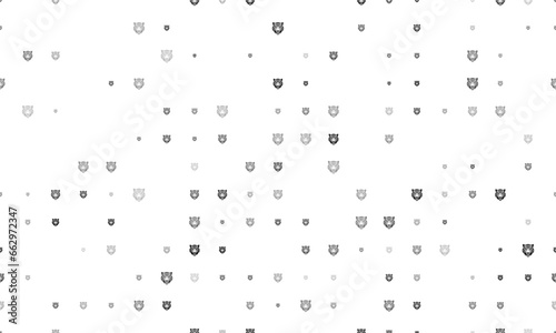 Seamless background pattern of evenly spaced black tiger head symbols of different sizes and opacity. Vector illustration on white background