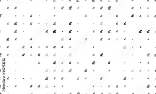 Seamless background pattern of evenly spaced black sitting tiger symbols of different sizes and opacity. Illustration on transparent background