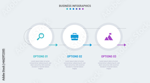 Timeline infographic with infochart. Modern presentation template with 3 spets for business process. Website template on white background for concept modern design. Horizontal layout.