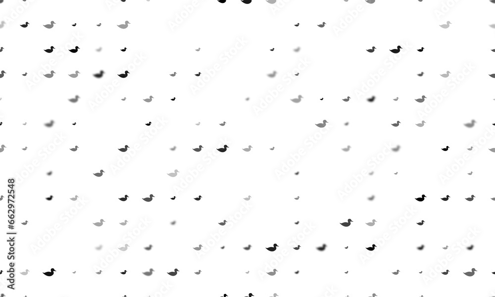 Seamless background pattern of evenly spaced black duck symbols of different sizes and opacity. Illustration on transparent background