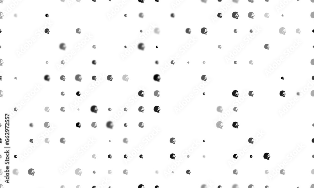 Seamless background pattern of evenly spaced black lion head icons of different sizes and opacity. Illustration on transparent background
