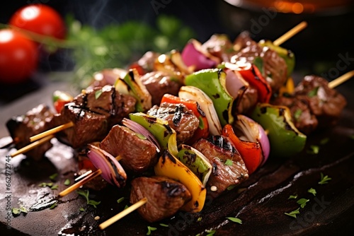 Grilled kebabs with mixed beef and vegetables. Generative AI