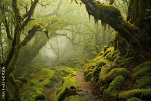 Enchanting forest with mist, fog, lush moss, and green foliage. Generative AI