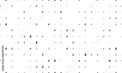 Seamless background pattern of evenly spaced black hash symbols of different sizes and opacity. Vector illustration on white background