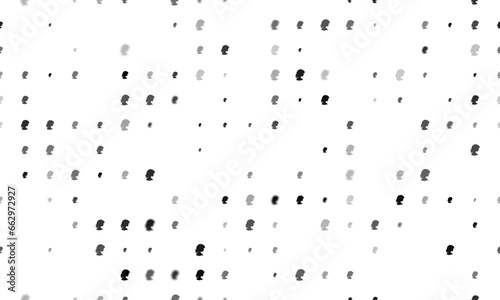Seamless background pattern of evenly spaced black woman face profile symbols of different sizes and opacity. Vector illustration on white background