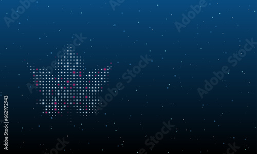 On the left is the maple leaf symbol filled with white dots. Background pattern from dots and circles of different shades. Vector illustration on blue background with stars