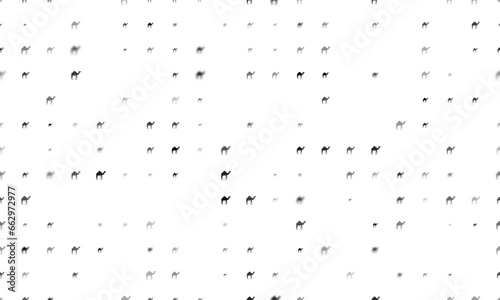Seamless background pattern of evenly spaced black camel symbols of different sizes and opacity. Vector illustration on white background