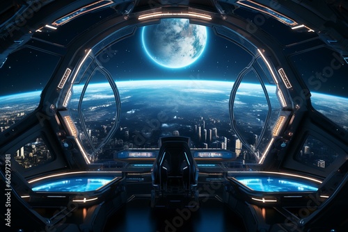 Futuristic spaceship with glowing lights and window view of Earth. Generative AI