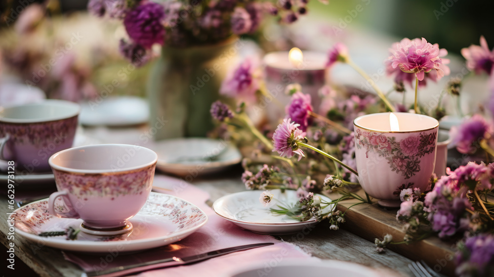 Fototapeta premium table setting with flowers in purple colors