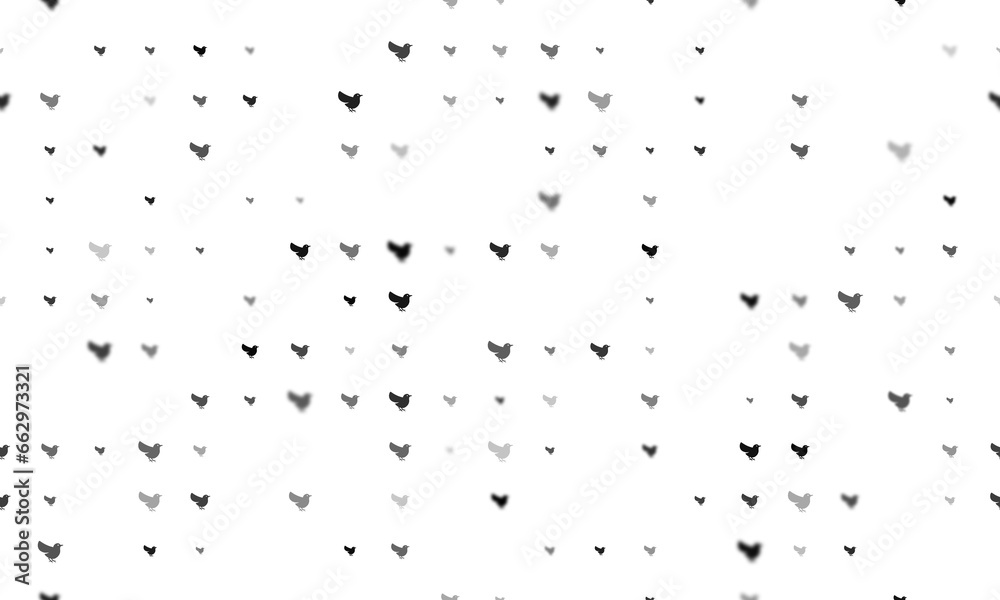 Seamless background pattern of evenly spaced black bird symbols of different sizes and opacity. Illustration on transparent background