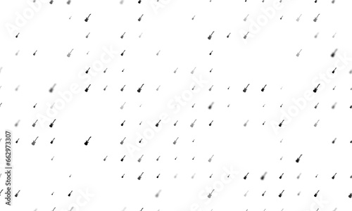Seamless background pattern of evenly spaced black guitar symbols of different sizes and opacity. Illustration on transparent background