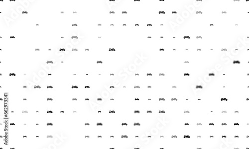 Seamless background pattern of evenly spaced black bike symbols of different sizes and opacity. Illustration on transparent background