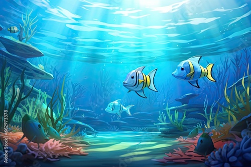 Colorful School of Fish Clip Art: A Harmonious Display of Fish Swimming in the Clear Blue Sea, generative AI