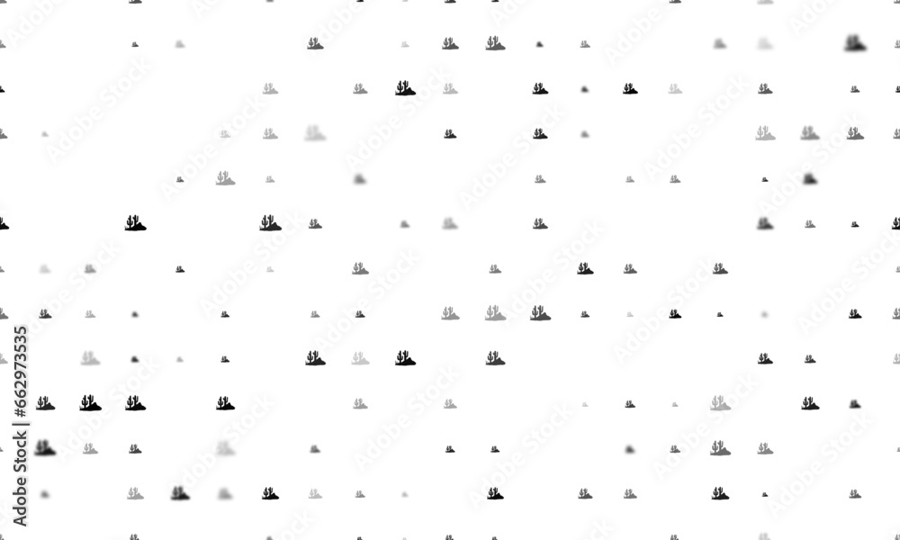 Seamless background pattern of evenly spaced black wild cactus symbols of different sizes and opacity. Vector illustration on white background - obrazy, fototapety, plakaty 