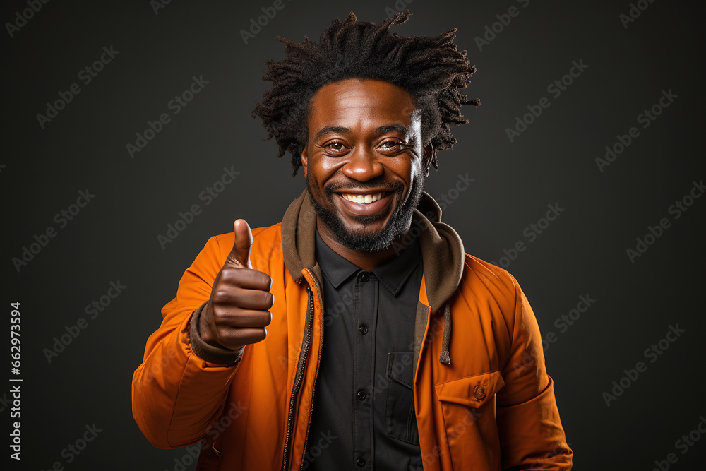 portrait of a expression of a happy laughing afro american man with brown hair against colorful background who holds his thumbs up 