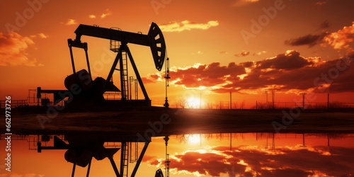 Silhouetted Strength: An Oil Pump Stands Tall, Its Silhouette Dominating the Sunset Sky, Symbolizing the Energy Industry's Resilience Amidst Nature's Beauty
