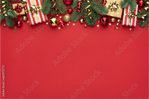 Red Christmas Background with Ornament Border