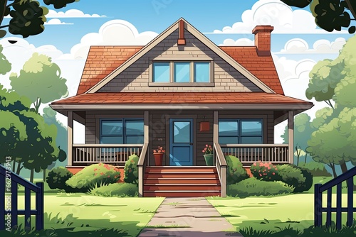 Cozy House Clipart: Welcoming Front Porch in Serene Suburban Neighborhood, generative AI © Michael