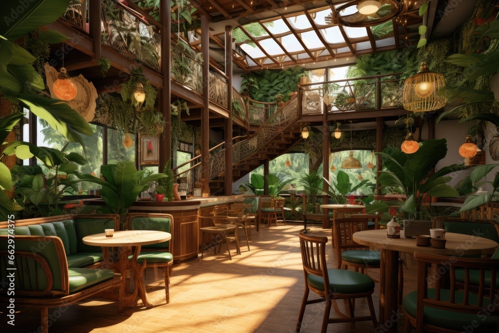 Fototapeta premium Lush Greenhouse Cafe with Wooden Furnishings, Sunlit Skylight, Arching Bridge, and an Array of Hanging Tropical Plants Creating an Urban Oasis