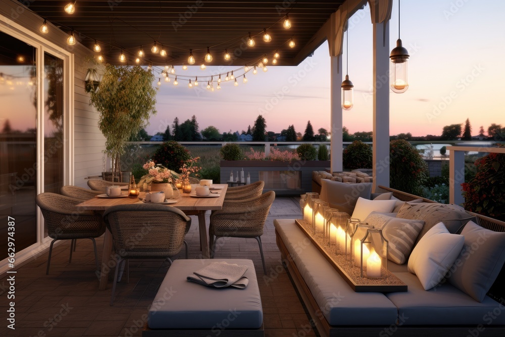 Rooftop Terrace at Dusk with Illuminated String Lights, Set Dining Table, Comfortable Seating Area, Overlooking Serene Suburban View - obrazy, fototapety, plakaty 