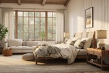 Sunlit Bedroom with Plush Bedding, Wooden Accents, and a Relaxing Seating Area Overlooking Serene Nature