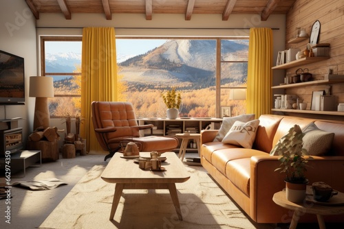 Boho Mountain Retreat Living Room: Tan Leather Seating, Wooden Accents, Expansive Windows Framing Majestic Mountain Landscape View, Western Aesthetic © Bryan
