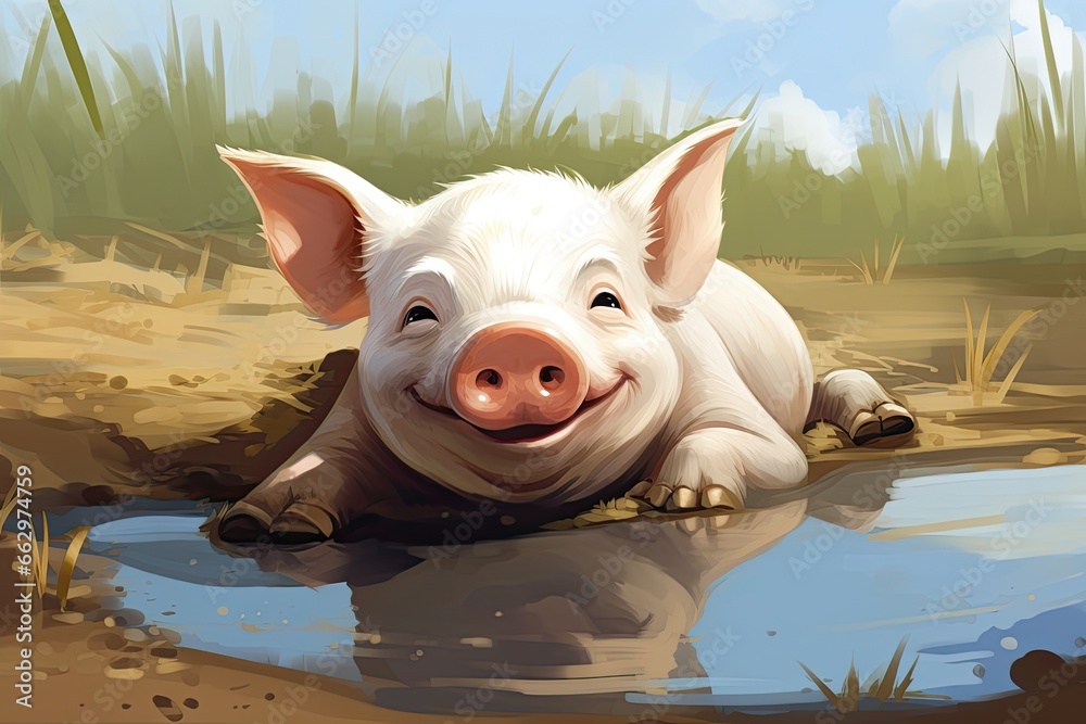 Pig Clipart: Plump and Happy Pig Rolling in Mud Puddle - Enjoying Every ...