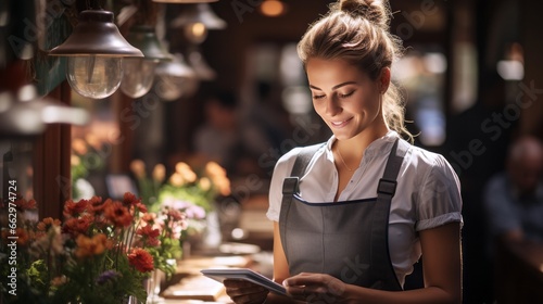 female waitress reviewing orders in restaurant photo