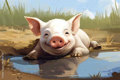 Pig Clipart: Plump and Happy Pig Rolling in Mud Puddle - Enjoying Every Moment!, generative AI photo