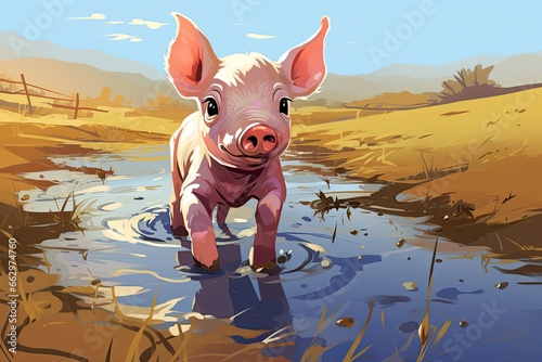 Playful Pig Clipart: Frolicking Piglet in Muddy Puddle on Sunny Farmyard Day, generative AI