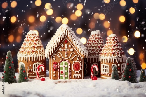 there are three little gingerbread houses in the snow decorated