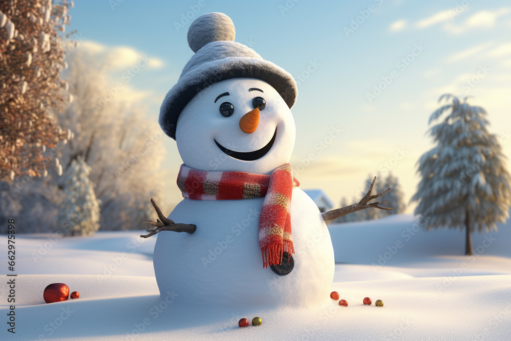 Obraz premium Happy and cheerful snowman in winter