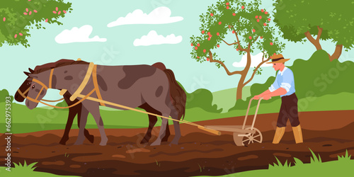Farm horses plowing soil of field with plow vector illustration. Cartoon retro countryside scene with farmer and animals working to cultivate organic grain, old agriculture technology and production