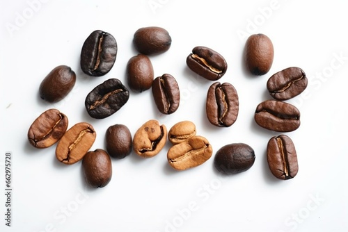 A collection of roasted coffee beans on a white background. Generative AI