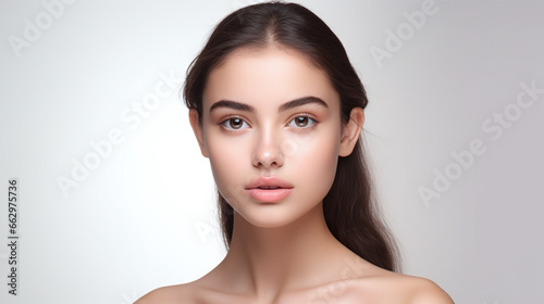 beauty portrait of a cool female brunette model against white background