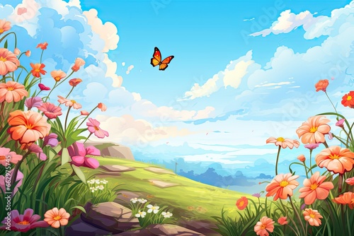 Spring Clipart: Blooming Flowers, Butterflies, and Clear Blue Sky � A Picturesque Landscape, generative AI