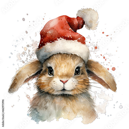 Cute Christmas Rabbit Wearing Santa Hat Watercolor Png
