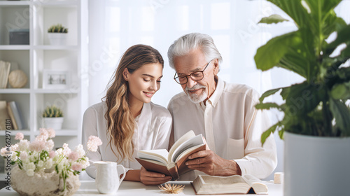 grandfather with his adult granddaughter reading a book 
