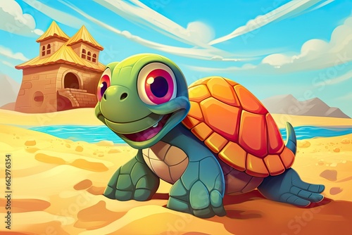 Happy Turtle Cartoon: Shell House Strolling Along Sandy Beach Towards the Sea, generative AI