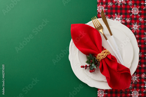 Crafting a magical Christmas table setting..Top view of plates, cutlery, fir twig, napkin, tablecloth on green background with advert space photo